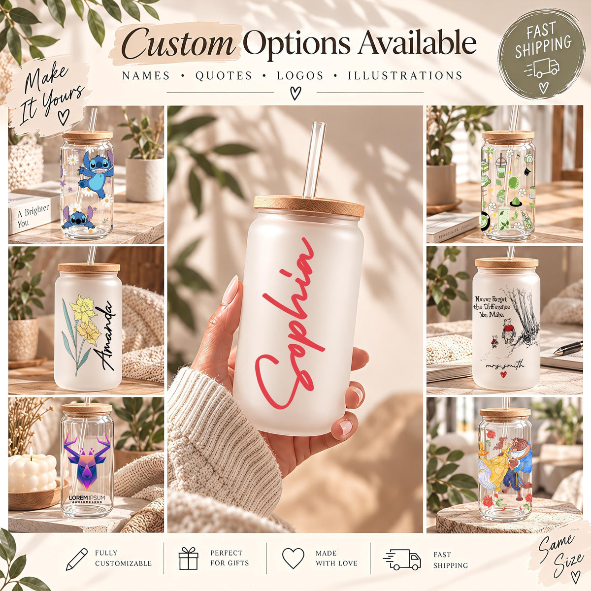 Custom Logo Bamboo Lid Glass Can Cup, Personalized Company Branding Frosted Iced Coffee Tumbler, Corporate Event Gift, Coworker Present