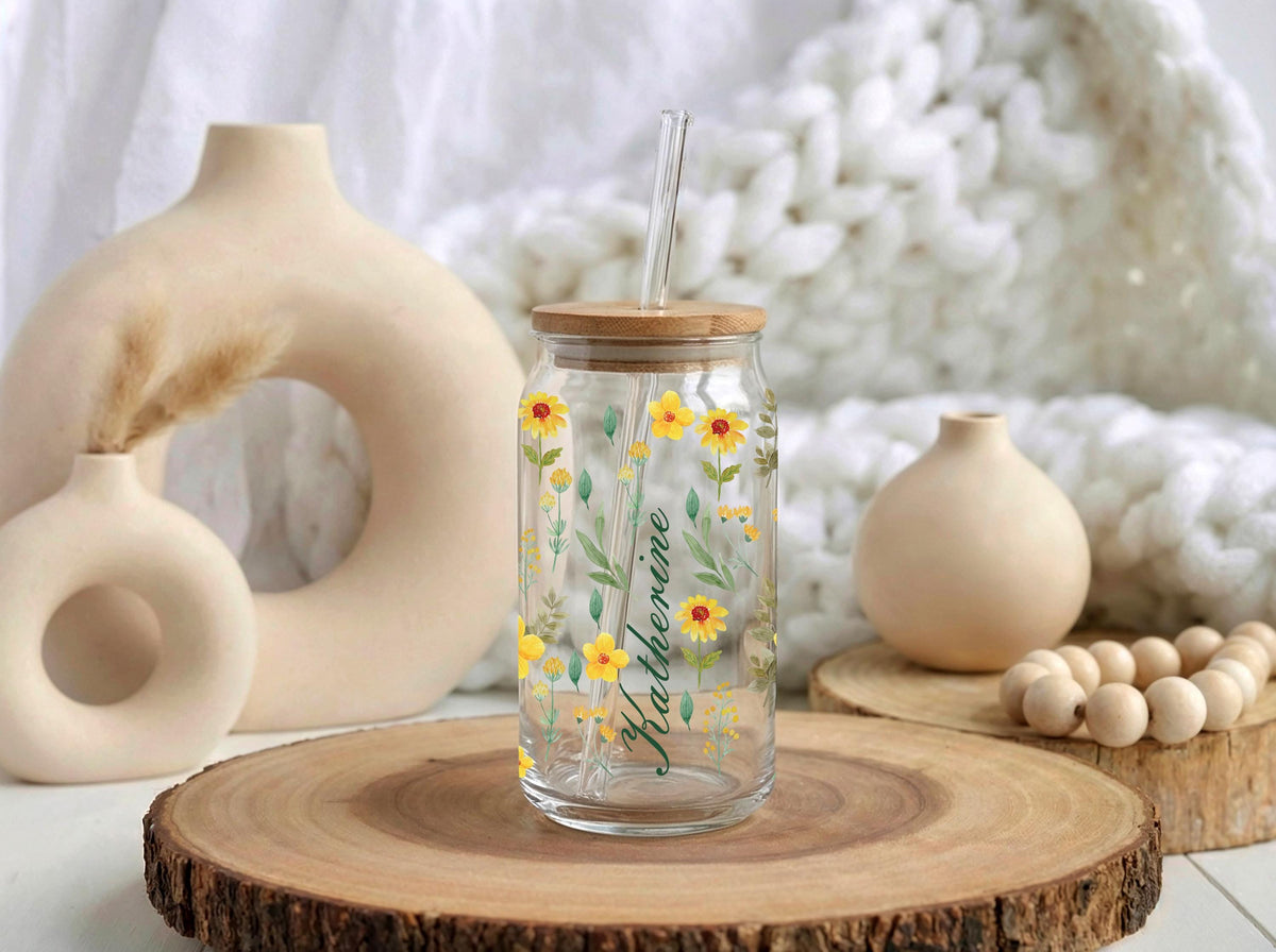Custom Name Yellow Wildflower Glass Can Cup, Floral Iced Coffee Tumbler