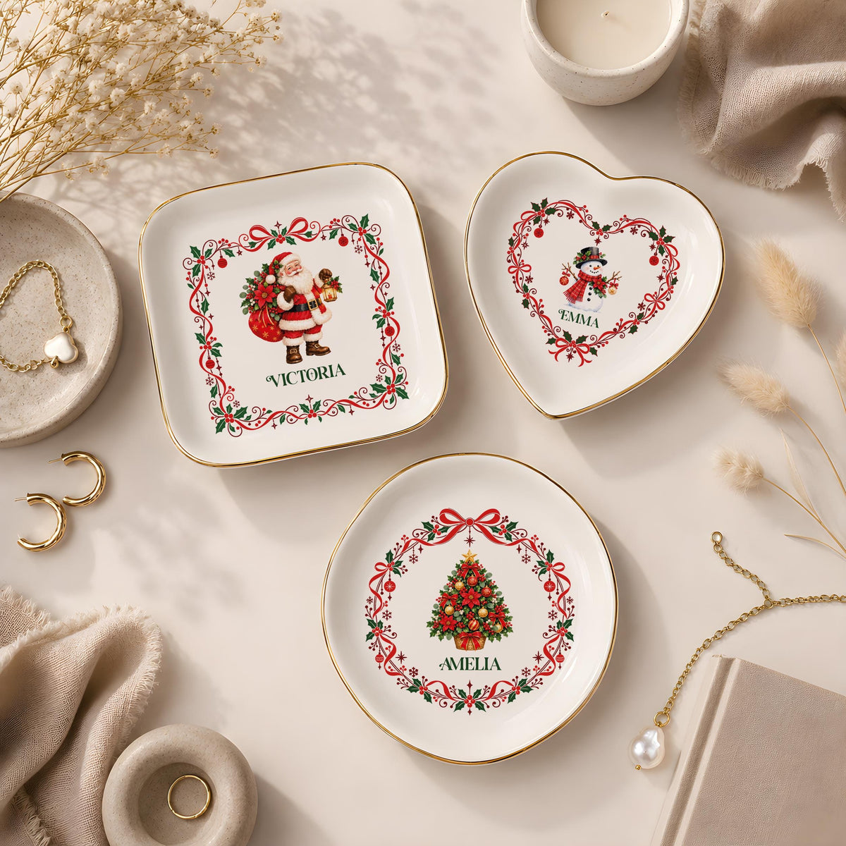Custom Name Holiday Character Jewelry Tray, Personalized Christmas Ceramic Trinket Dish