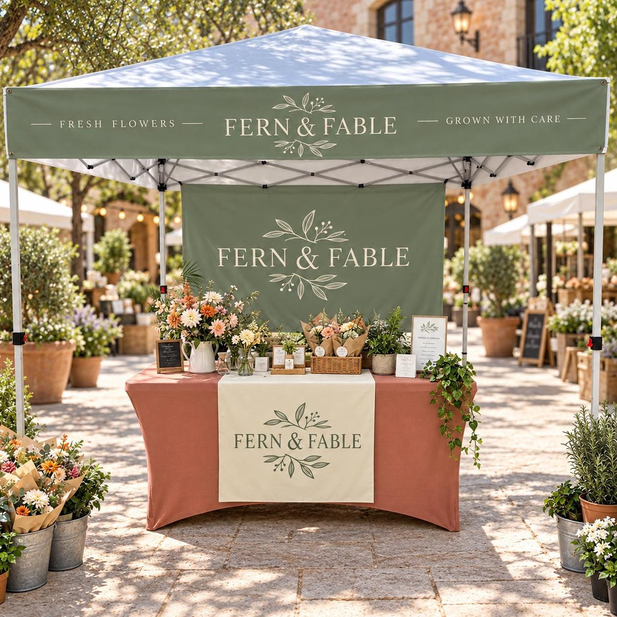 Custom Tent Canopy Banner Set, Small Business Backdrop, Table Runner and Valance Banner