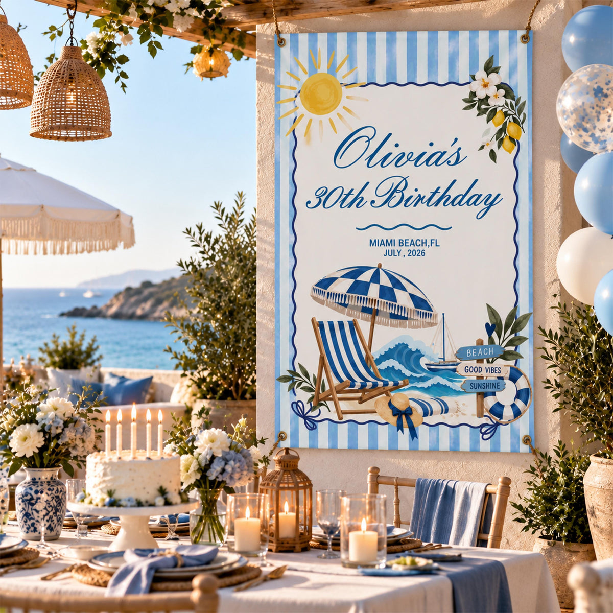 Custom Beach Theme Birthday Banner, Coastal 30th Party Backdrop