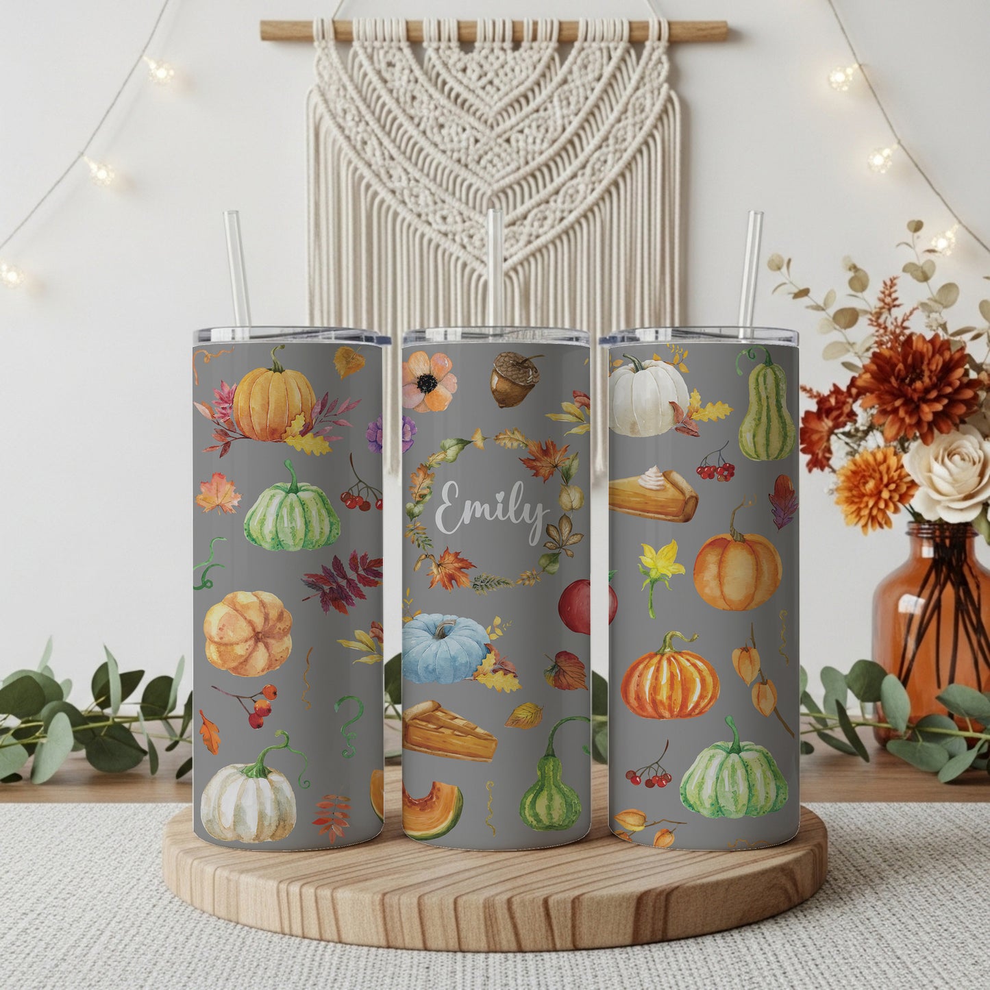 Festive Pumpkin-Themed Tumbler, Personalized Stainless Steel Drinkware for Thanksgiving