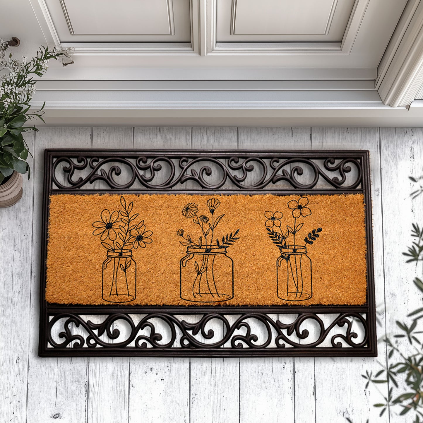 Rustic Farmhouse Floral Jar Coir Doormat, Flower Bouquets Entry Mat