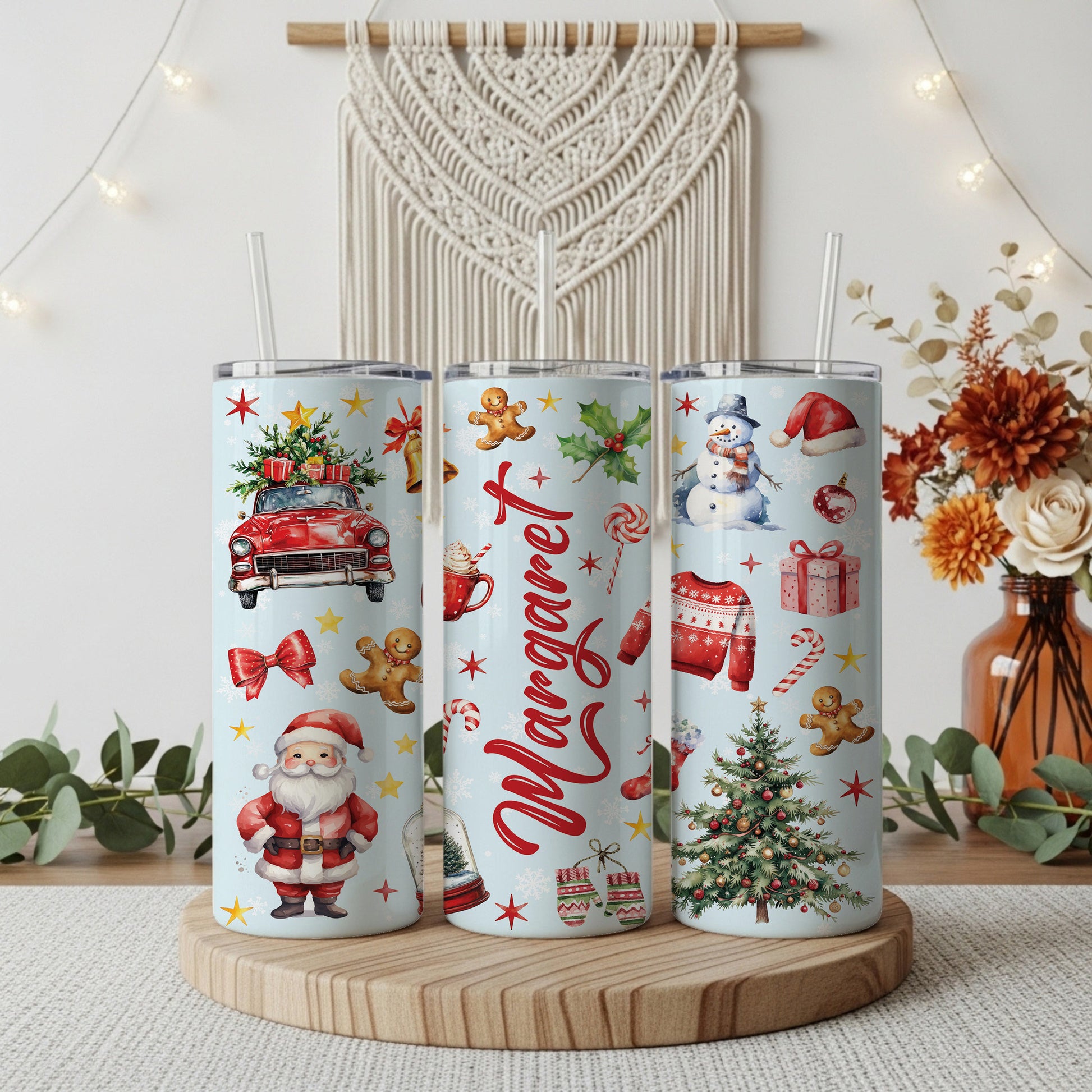 Stainless Steel Tumbler: Santa & Christmas Icon Design, Winter Holiday Gift