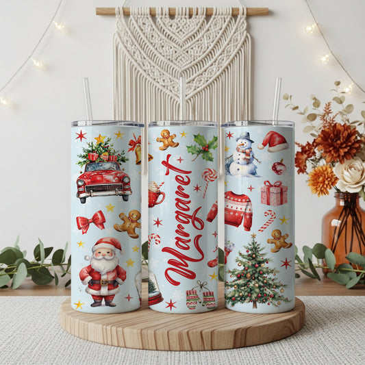 Stainless Steel Tumbler: Santa & Christmas Icon Design, Winter Holiday Gift