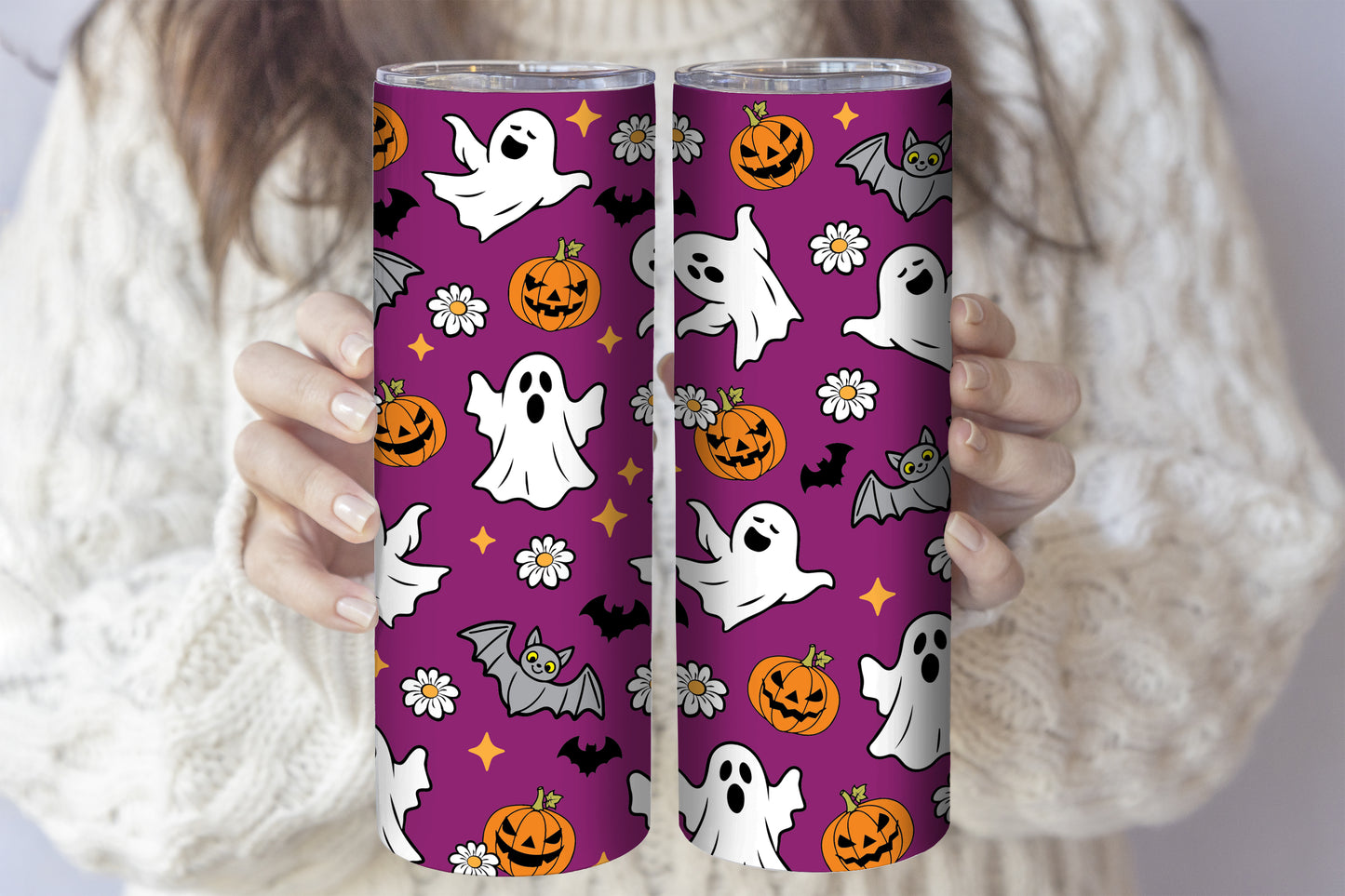 Daisy and Pumpkin Pattern Tumbler, Spooky Season Kids Gift