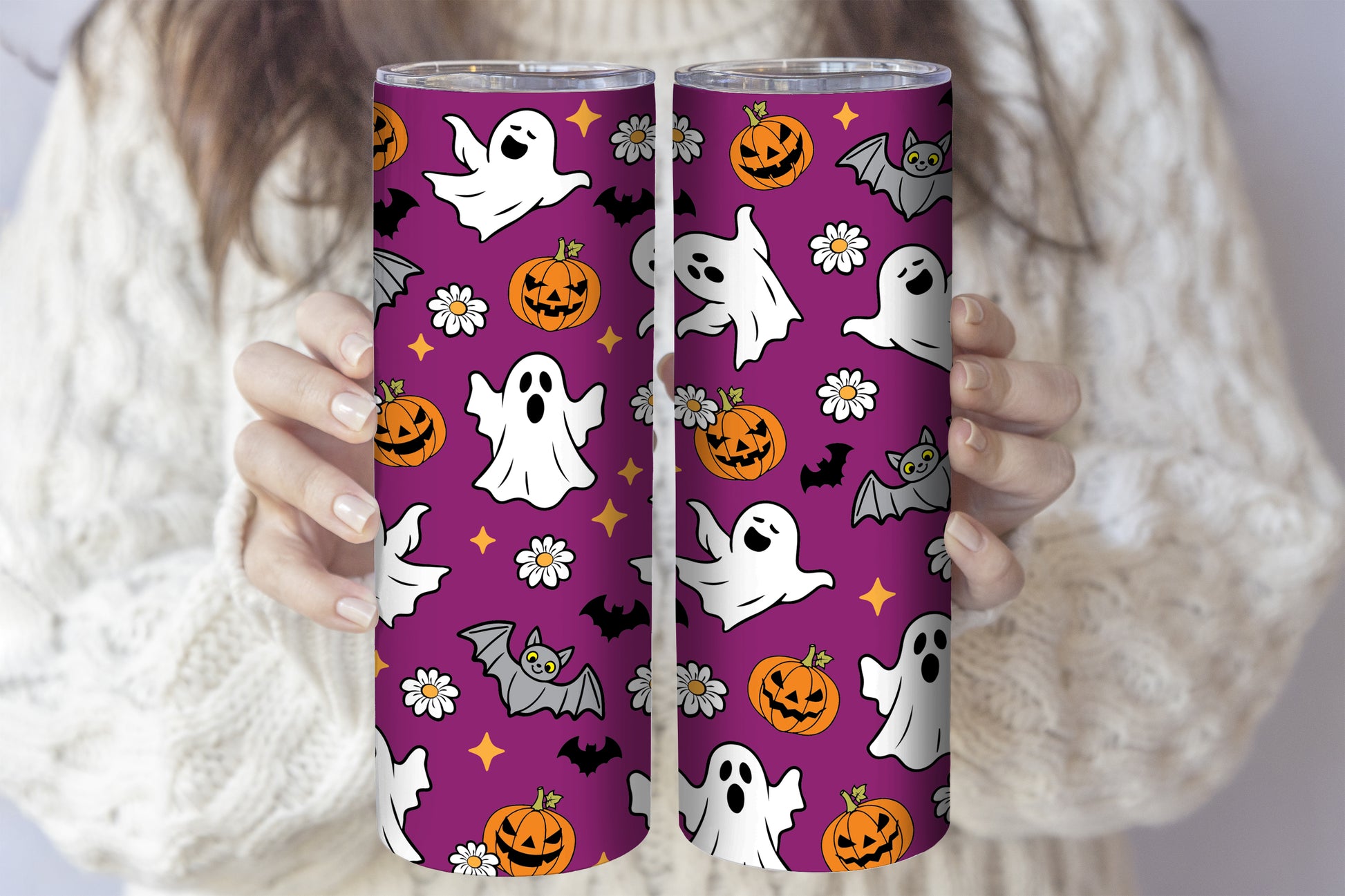 Daisy and Pumpkin Pattern Tumbler, Spooky Season Kids Gift