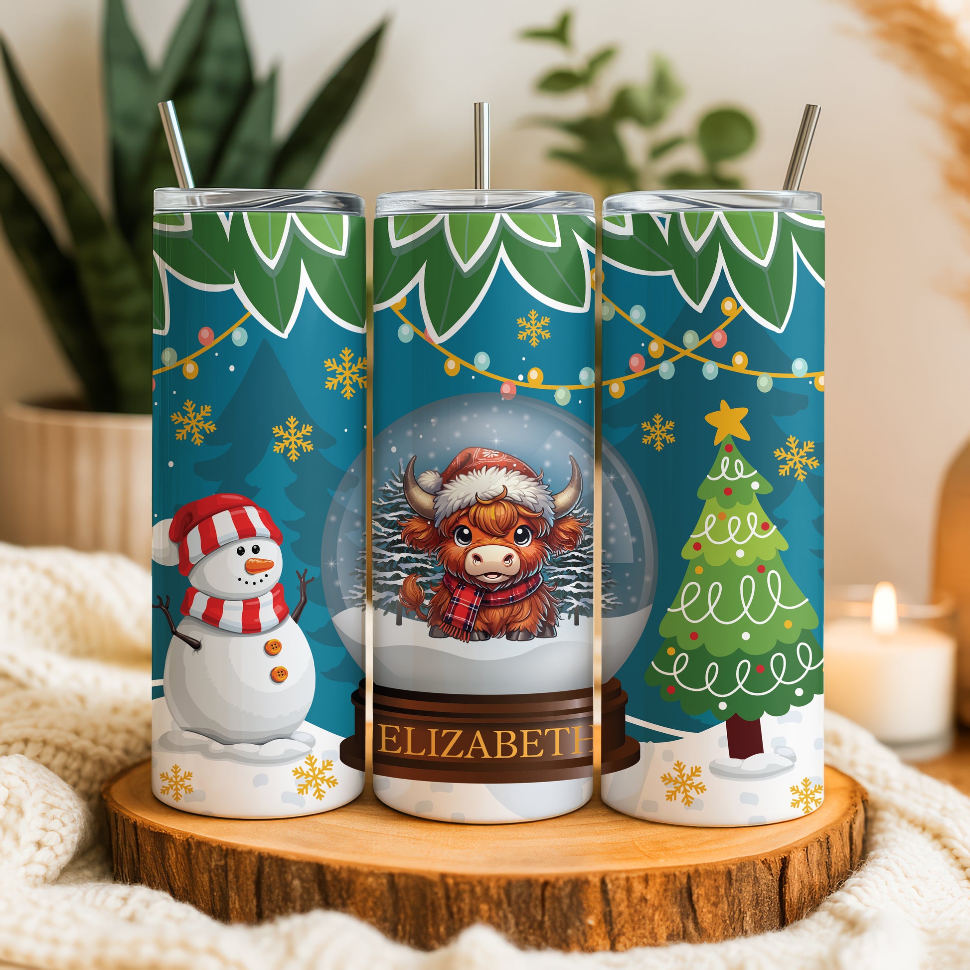 Festive Highland Cow Tumbler: Holiday Cheers with Snowman, Tree Motif