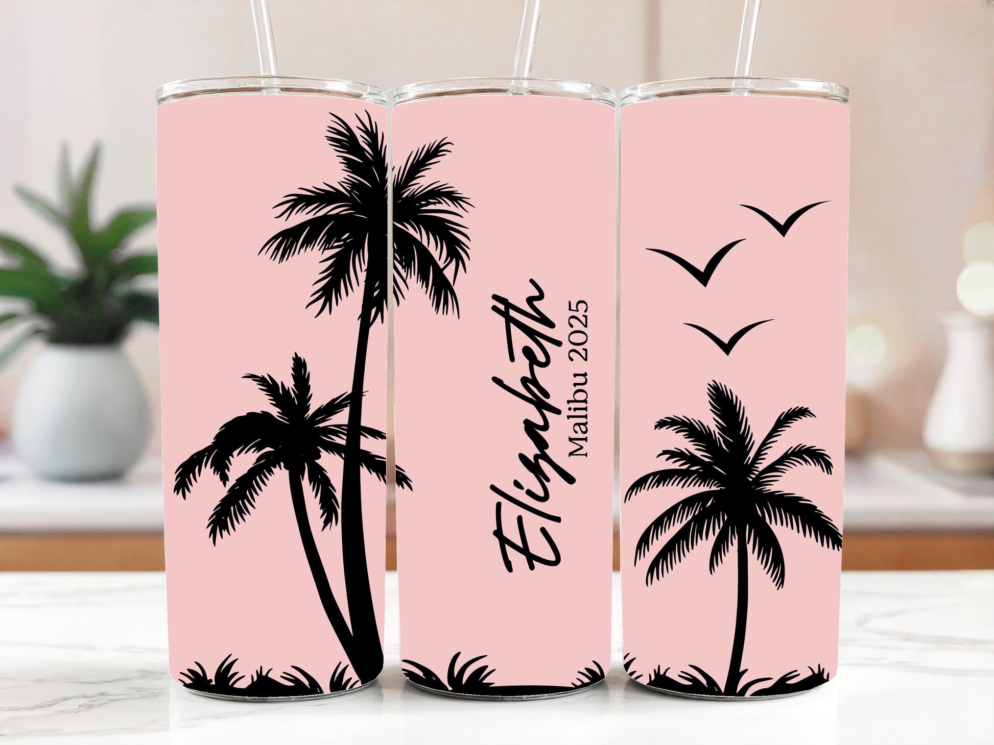 Personalized Stainless Steel Tumbler, Tropical Sunset Design, Matching Straw Included