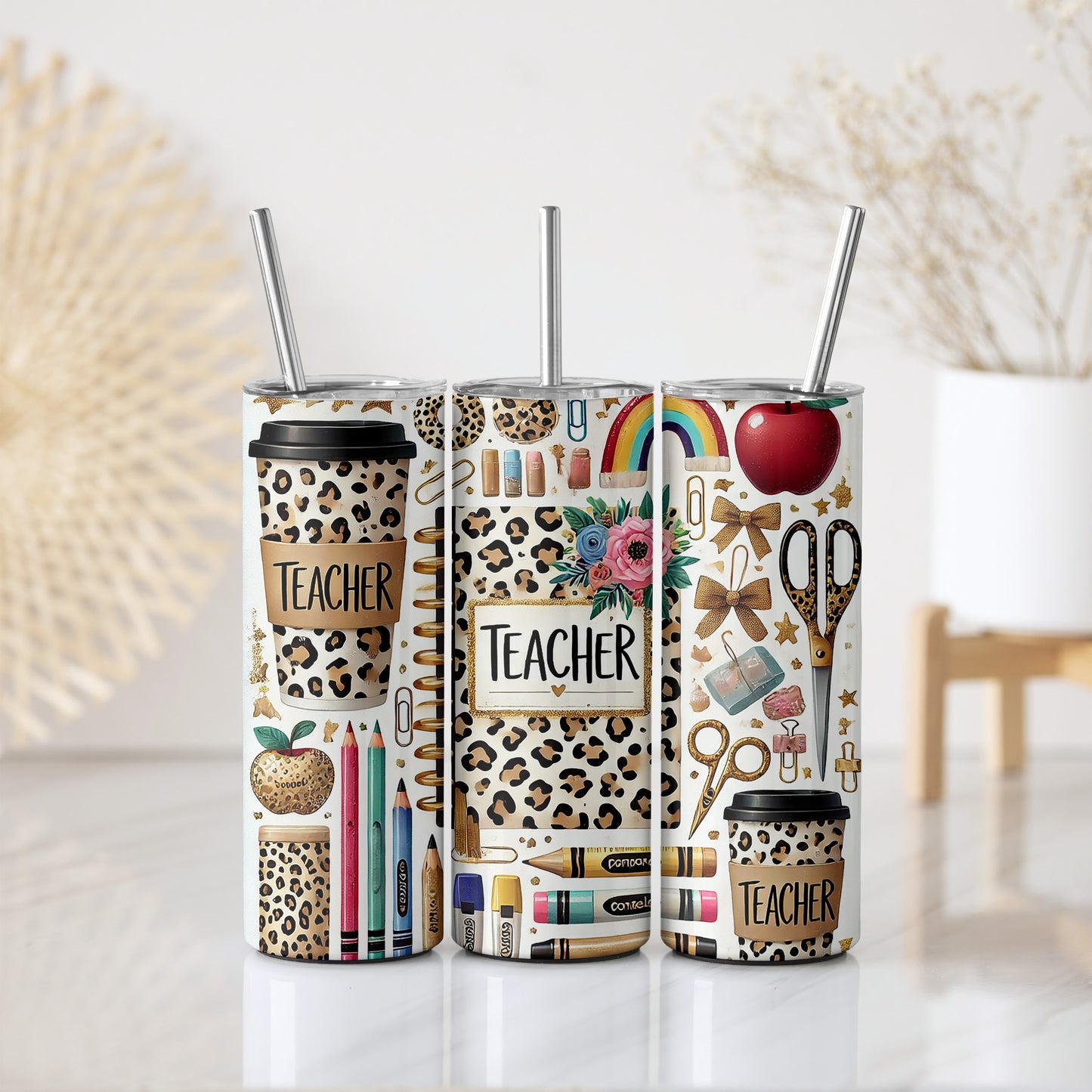 Leopard Print Teacher Tumbler, Stainless Steel Insulated Gift With Straw