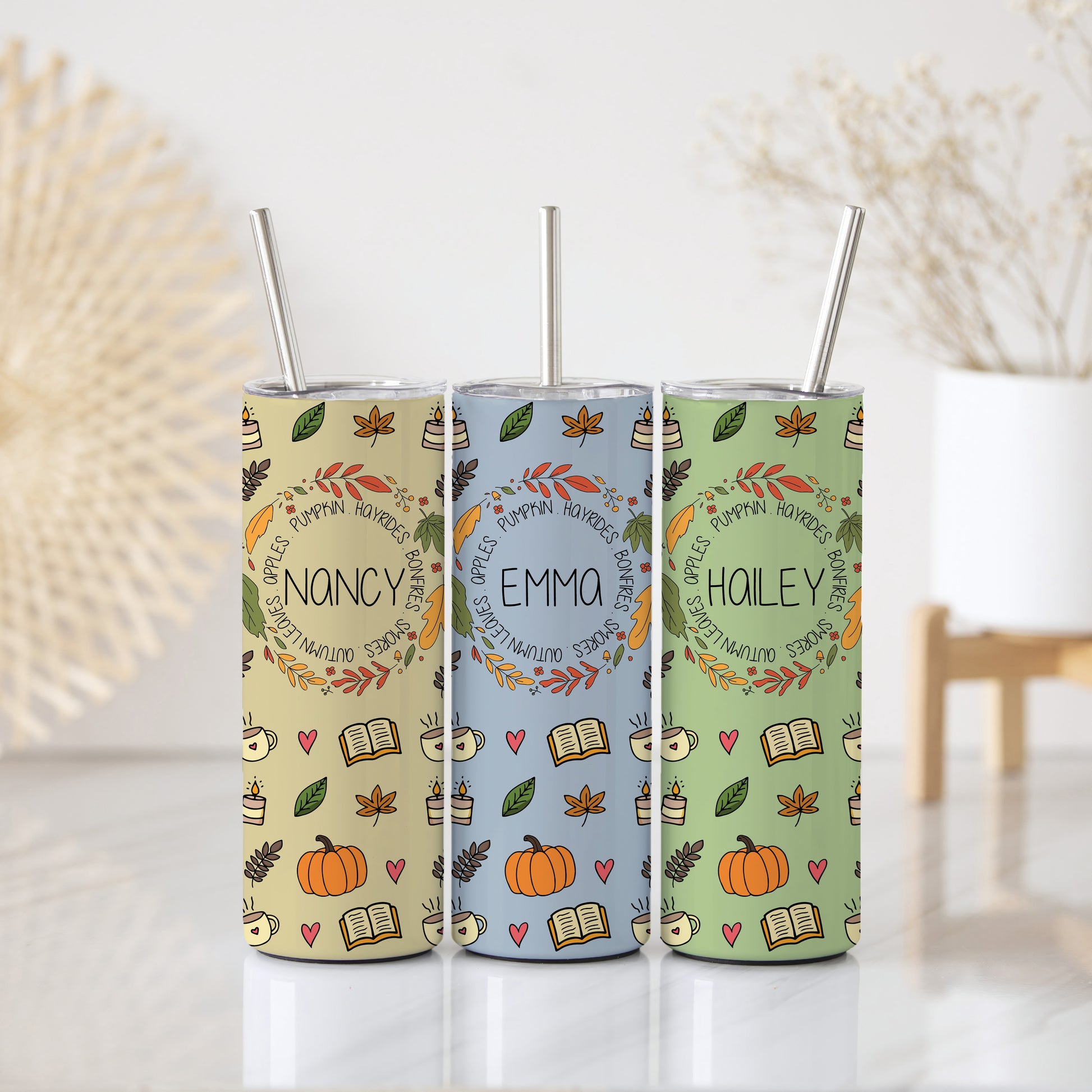 Cozy Fall Theme Tumbler: Pumpkins, Books Pattern, Autumn Lovers Gift