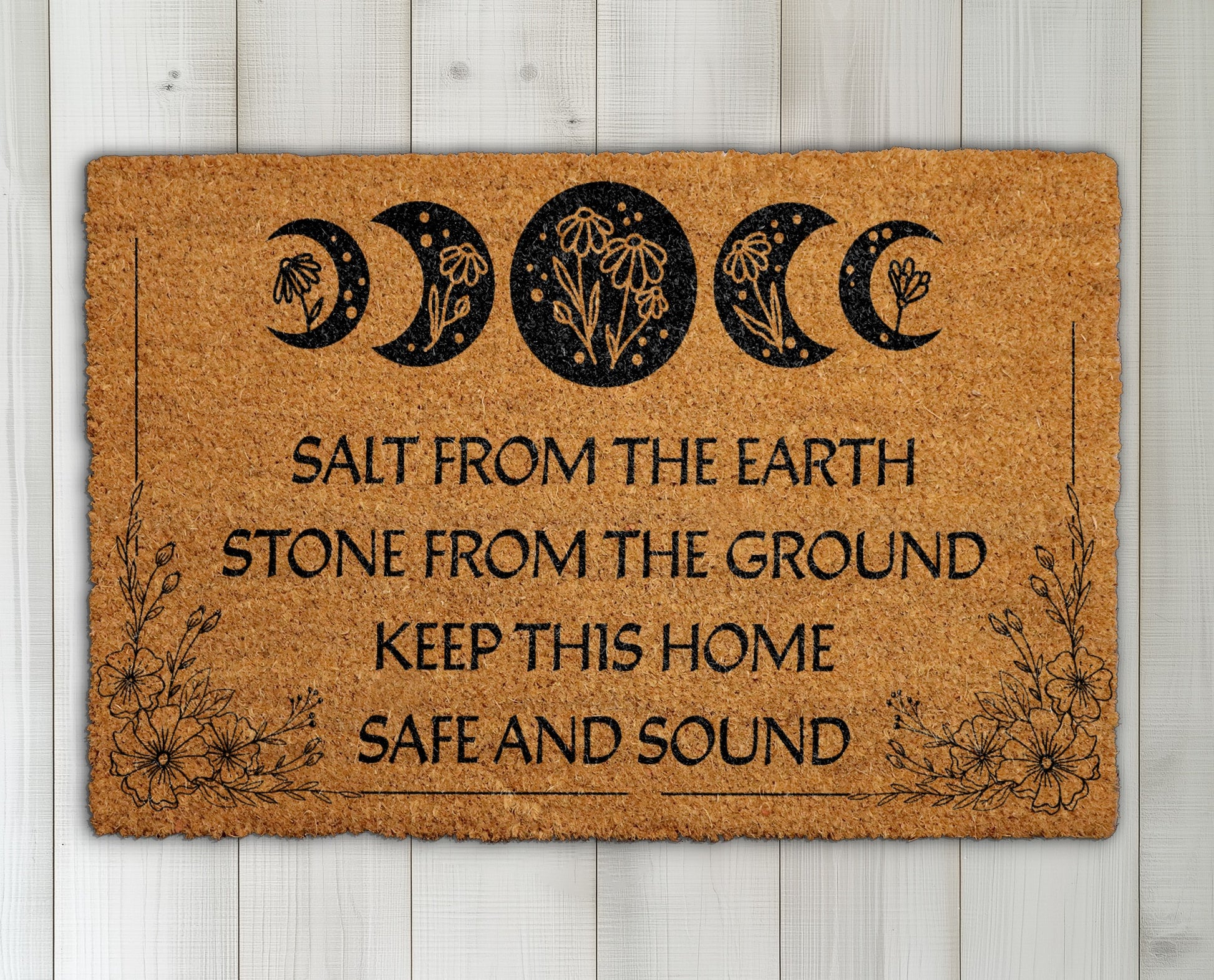 Witchy Welcome Mat, Floral Lunar Cycle Porch Rug for Home Protection