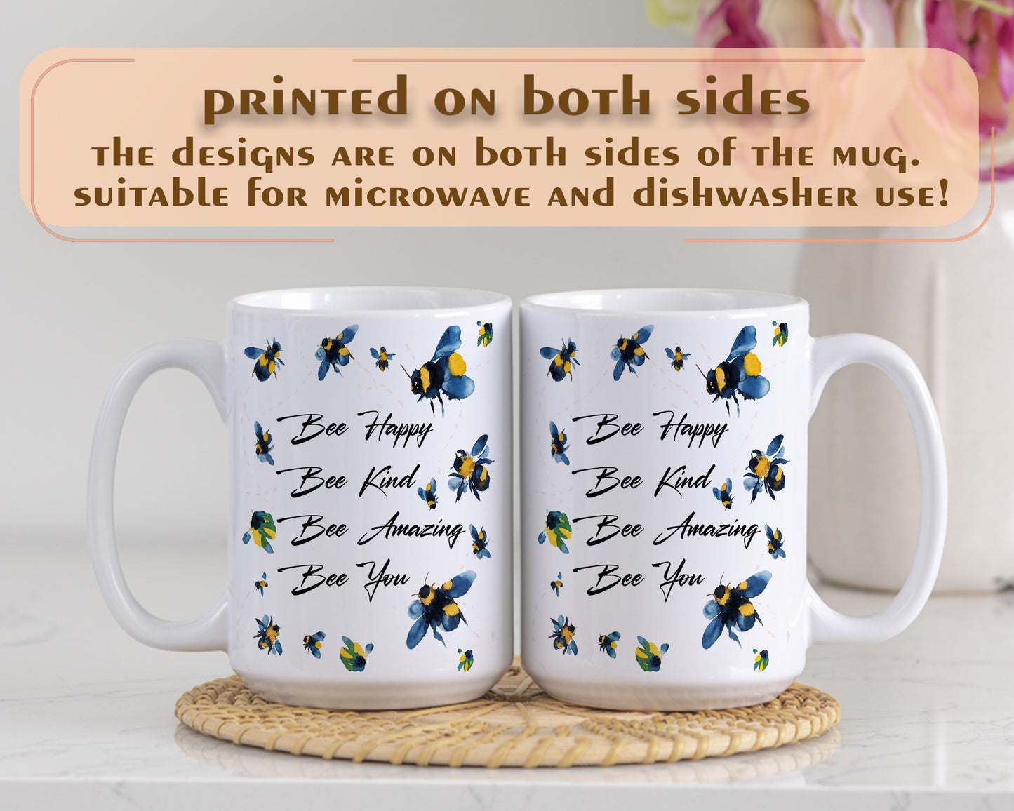 Bee Happy, Bee Kind - Watercolor Bee Quote Ceramic Mug