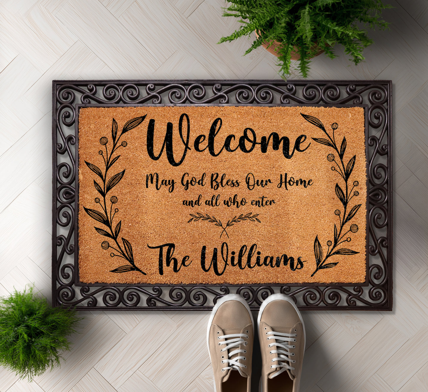 Custom Christian Family Name Coir Doormat, Personalized Religious Welcome Rug