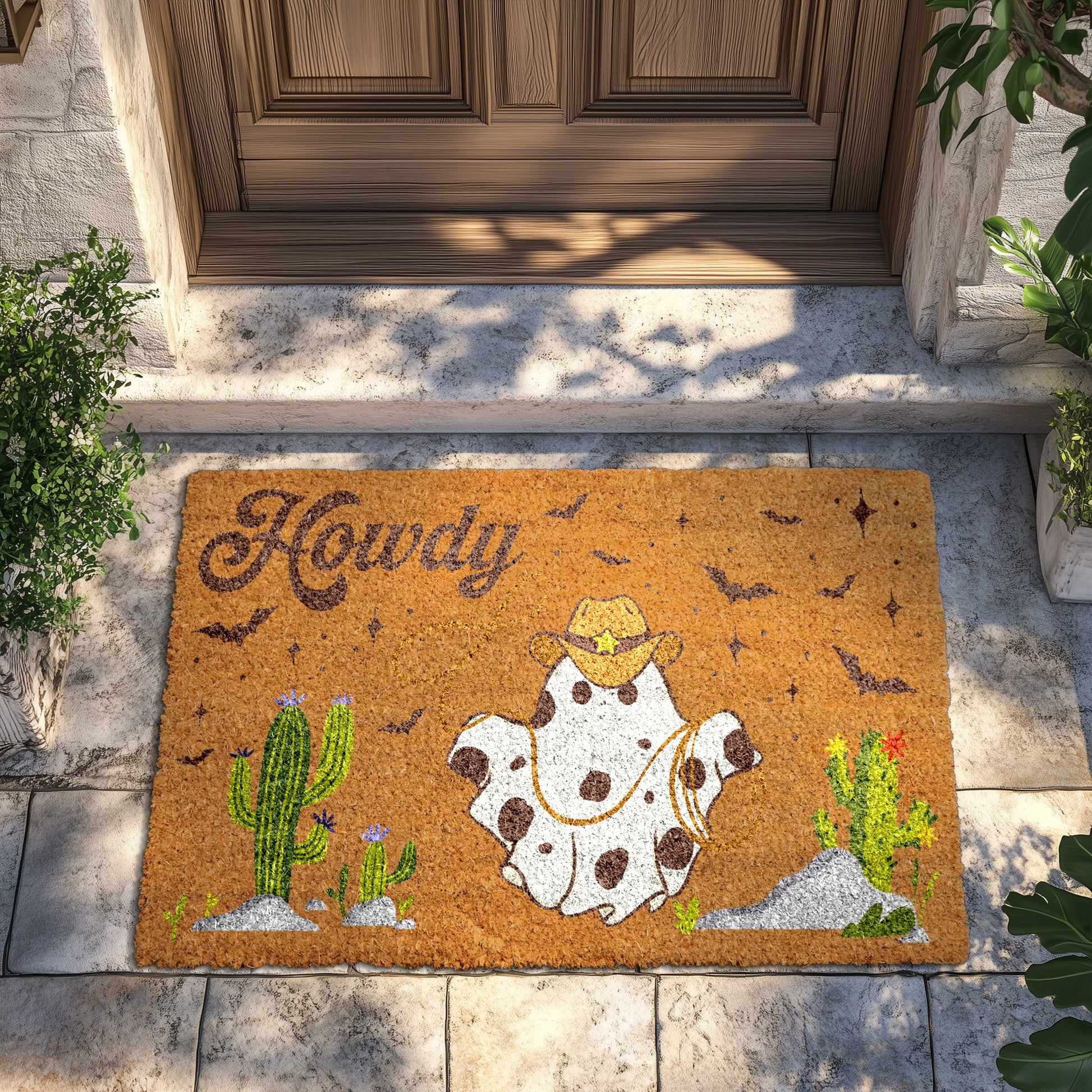Ghostly Howdy! Spooky Cowboy Welcome Mat, Perfect for Halloween Decor