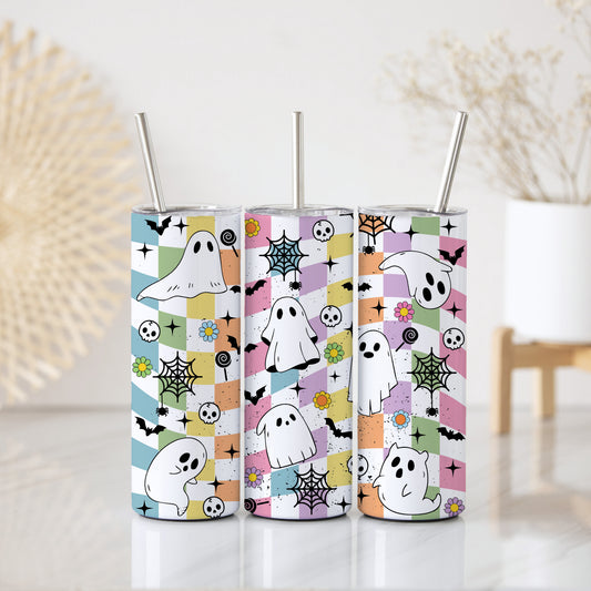 Vibrant Checkerboard Tumbler, Cute Ghost Design, Aesthetic Halloween Gift