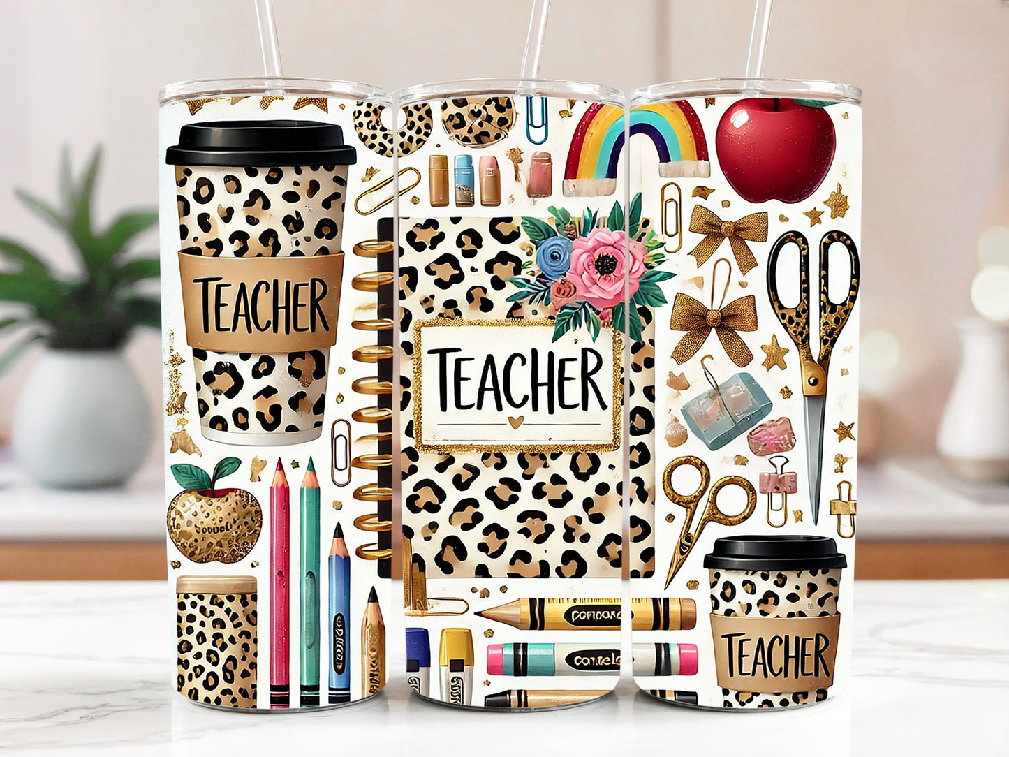 Leopard Print Teacher Tumbler, Stainless Steel Insulated Gift With Straw