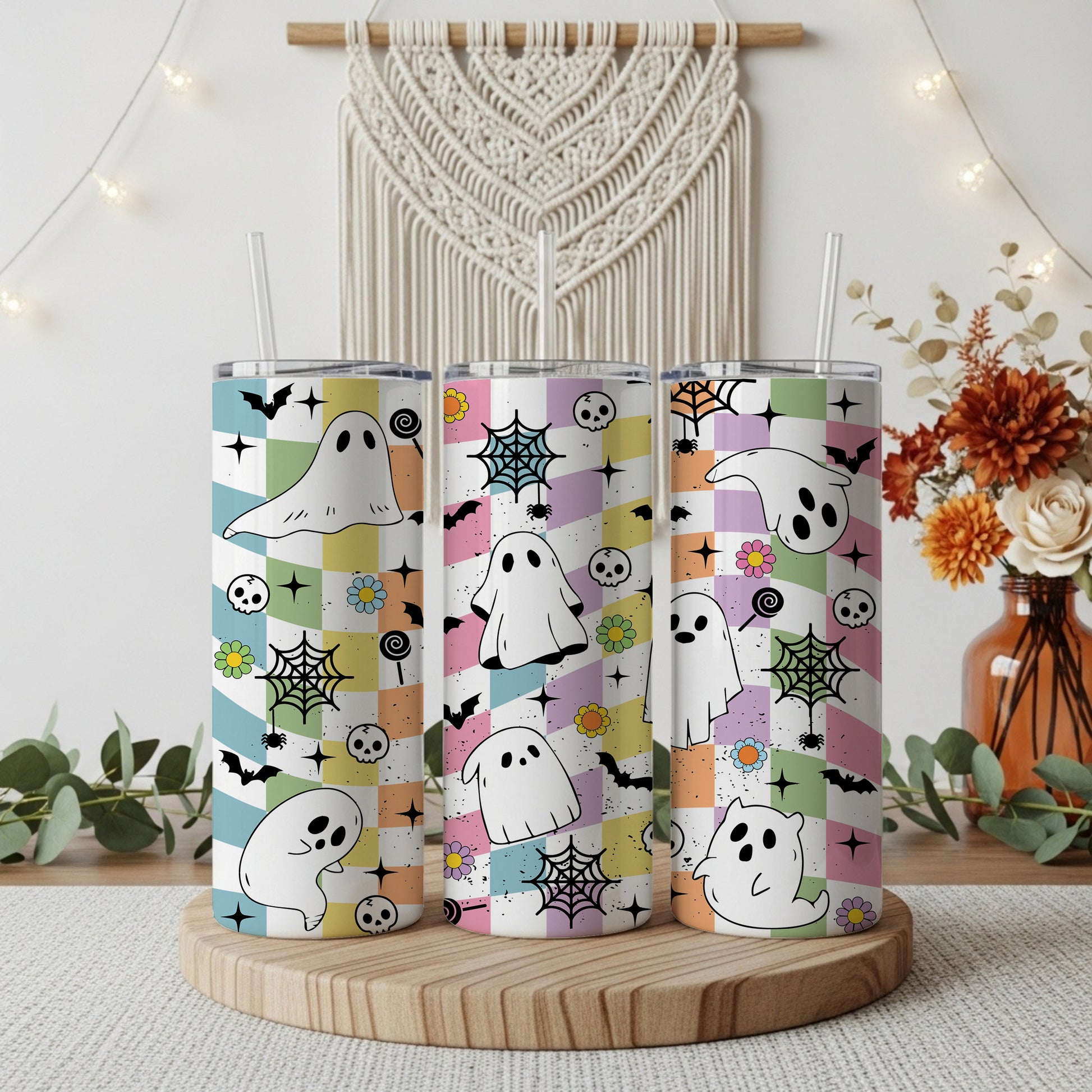 Vibrant Checkerboard Tumbler, Cute Ghost Design, Aesthetic Halloween Gift