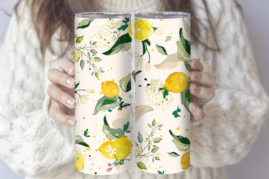 Watercolor Lemon Design Tumbler: Fresh Citrus Stainless Steel Travel Mug.