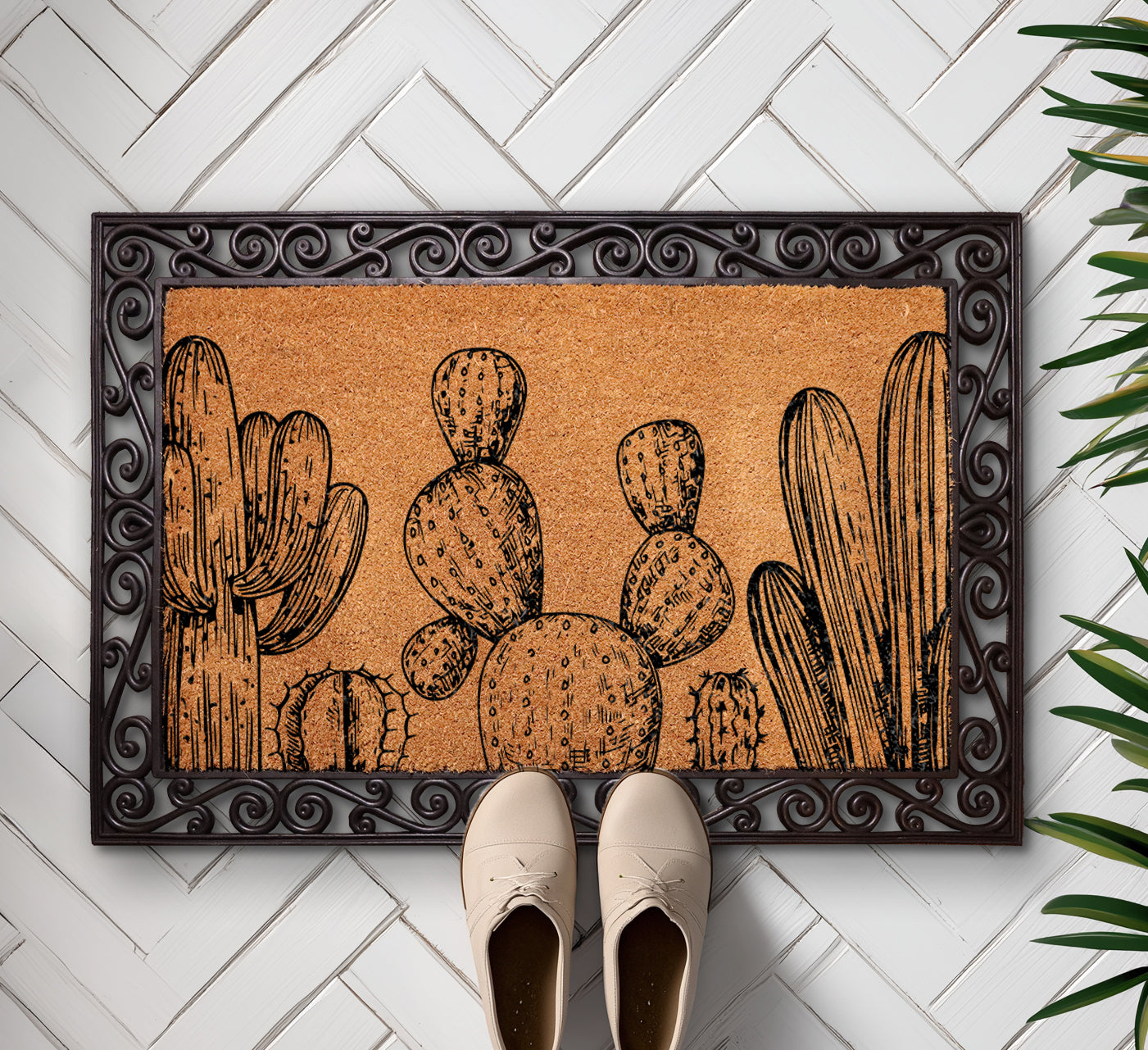 Hand-drawn Cactus Coir Doormat, Southwest Rustic Farmhouse Welcome Mat