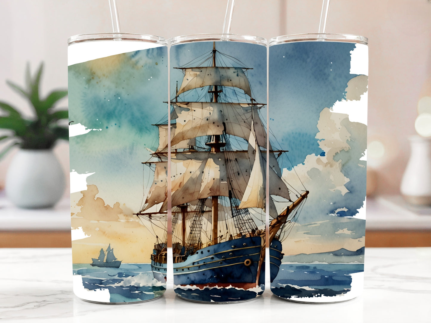 Pirate Ship Sunset Tumbler, Sailor's Stainless Water Bottle Set