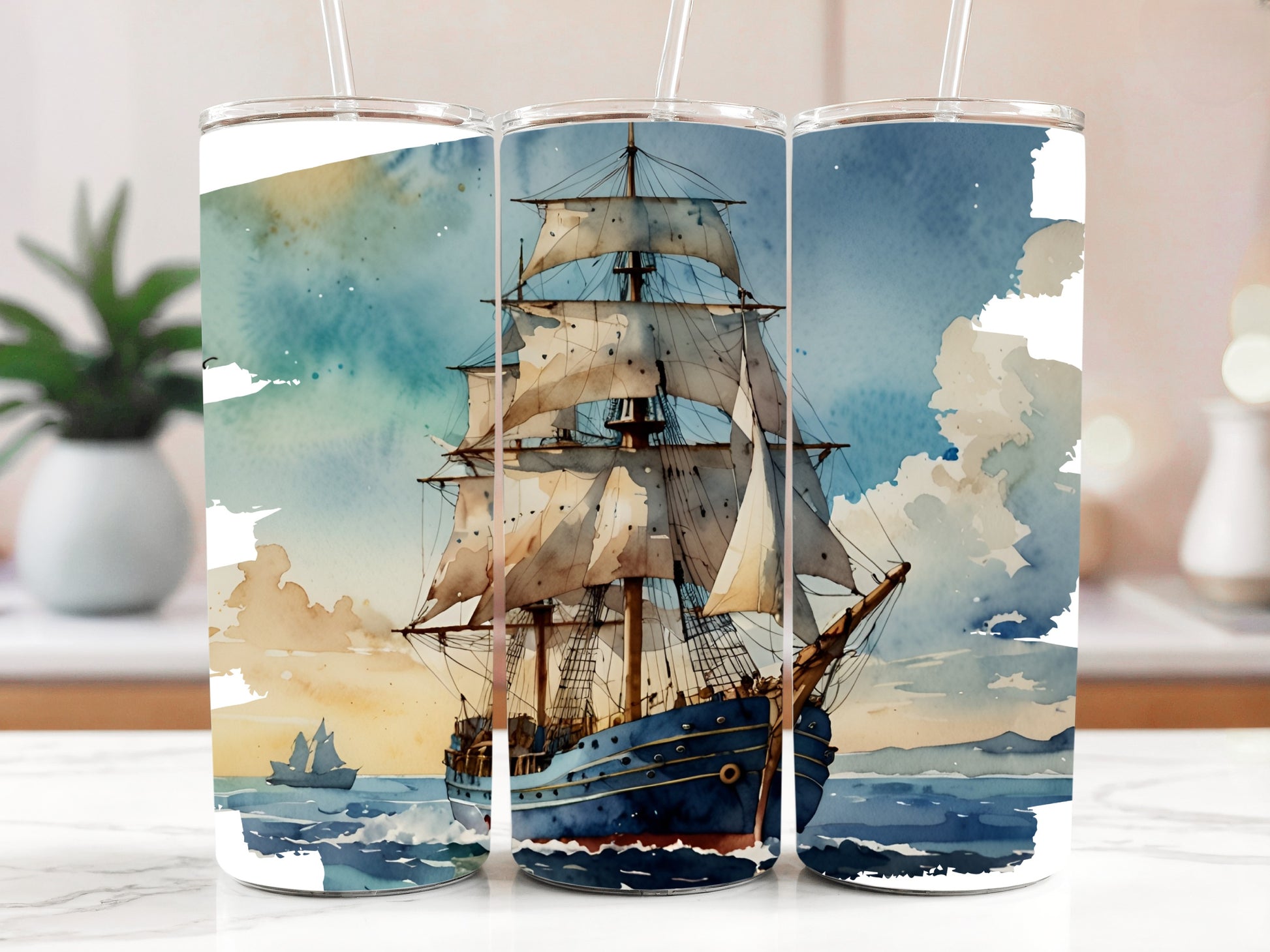 Pirate Ship Sunset Tumbler, Sailor's Stainless Water Bottle Set