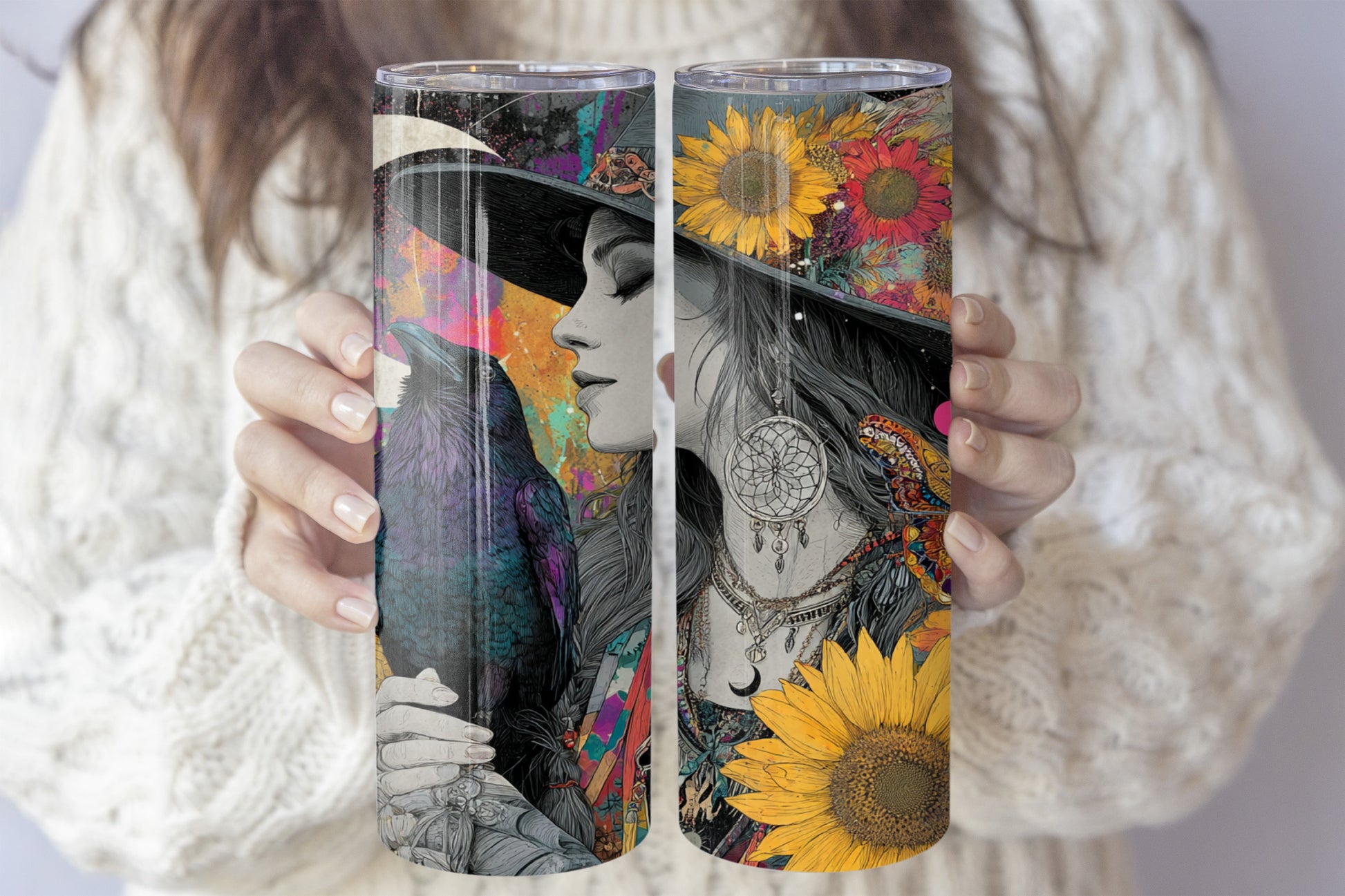 Raven, Moon, and Sunflower Insulated Tumbler for Spiritual Sips
