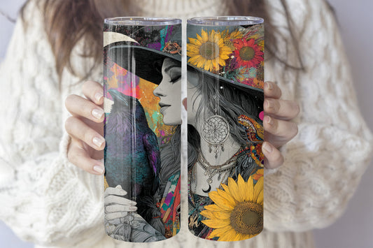 Raven, Moon, and Sunflower Insulated Tumbler for Spiritual Sips