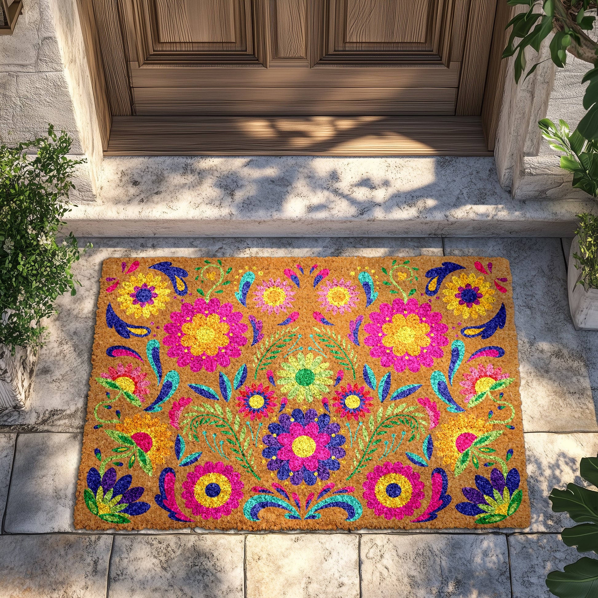 Vibrant Flowers Welcome Mat, Boho Housewarming Gift, Colorful Floral Doormat