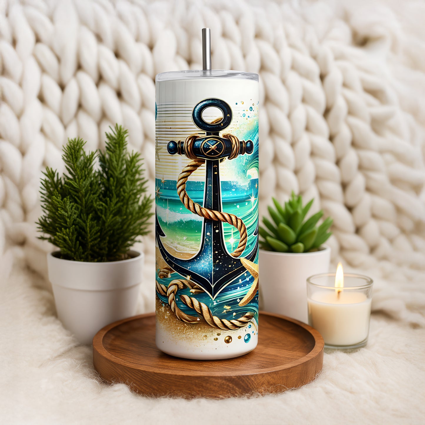 Coastal Theme Tumbler: Golden Sands, Cosmic Waves, Nautical Anchor Design