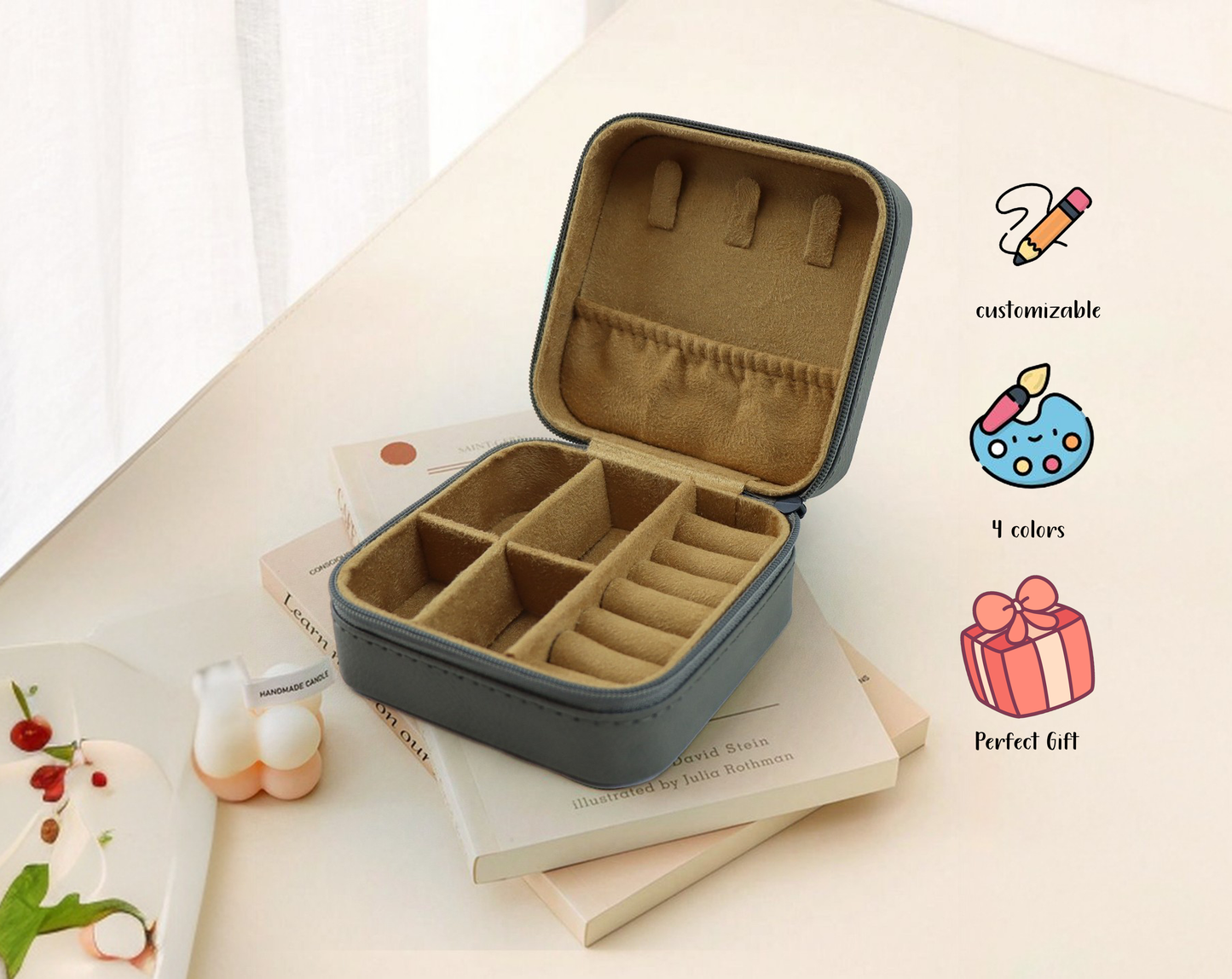 Personalized Leather Jewelry Case with Flower Design, Ideal Bridesmaid Gift