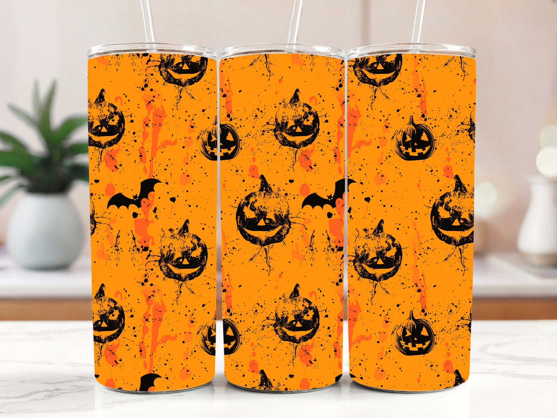 Vibrant Splatter Paint Jack-O-Lanterns Tumbler, Pumpkin and Bats Theme Cup