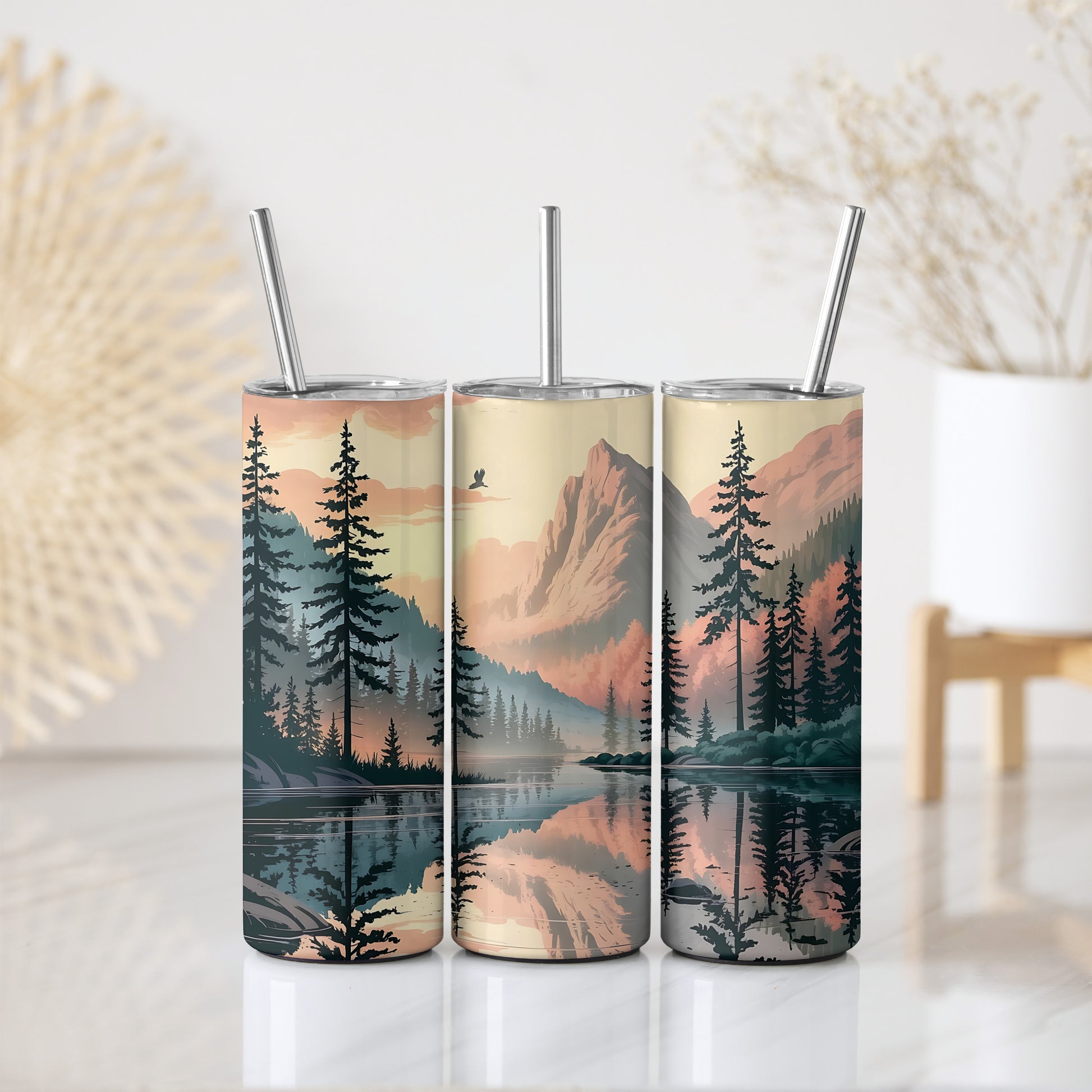 Explore Wilderness with Mountain Lake View Tumbler, Vibrant Colors