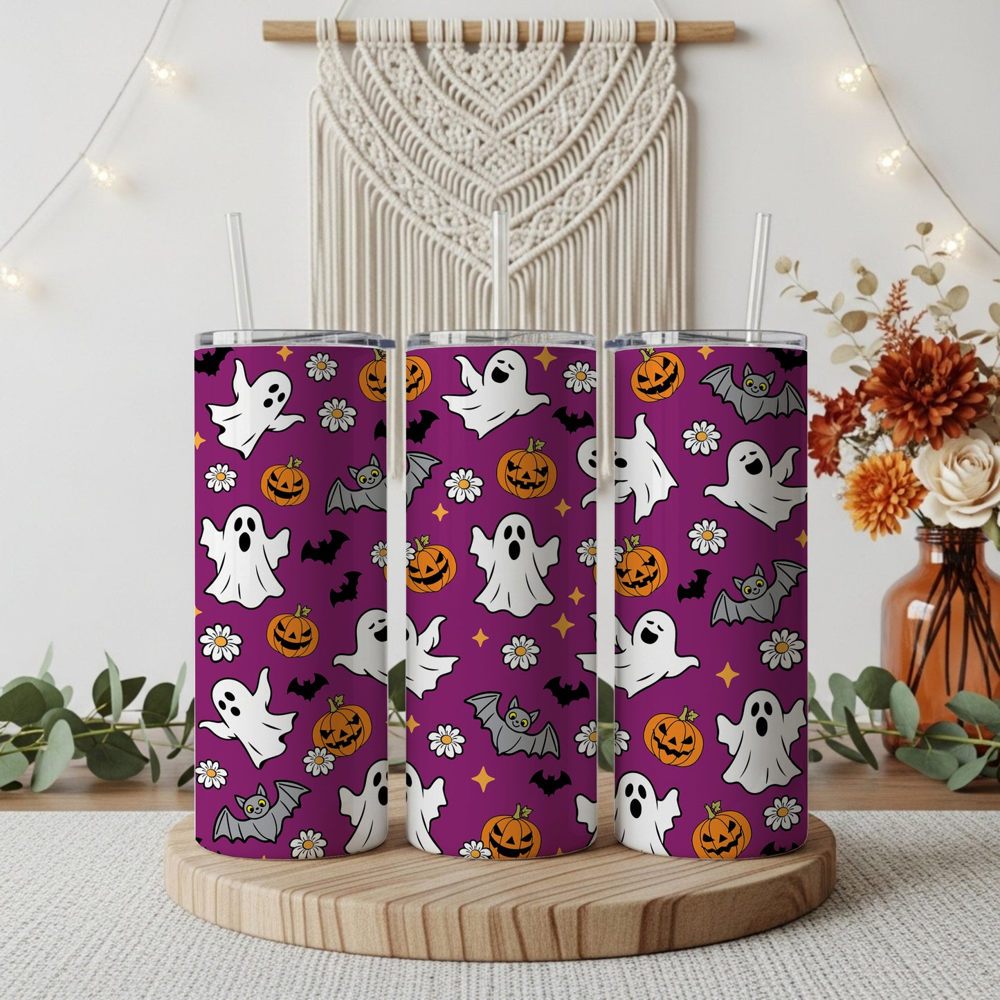 Daisy and Pumpkin Pattern Tumbler, Spooky Season Kids Gift