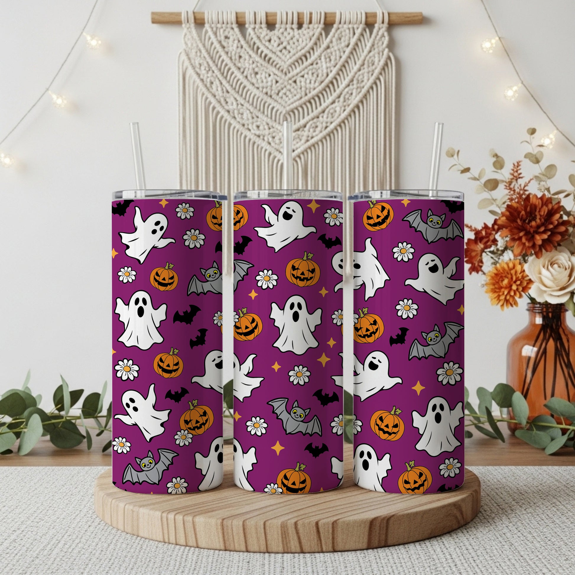 Daisy and Pumpkin Pattern Tumbler, Spooky Season Kids Gift