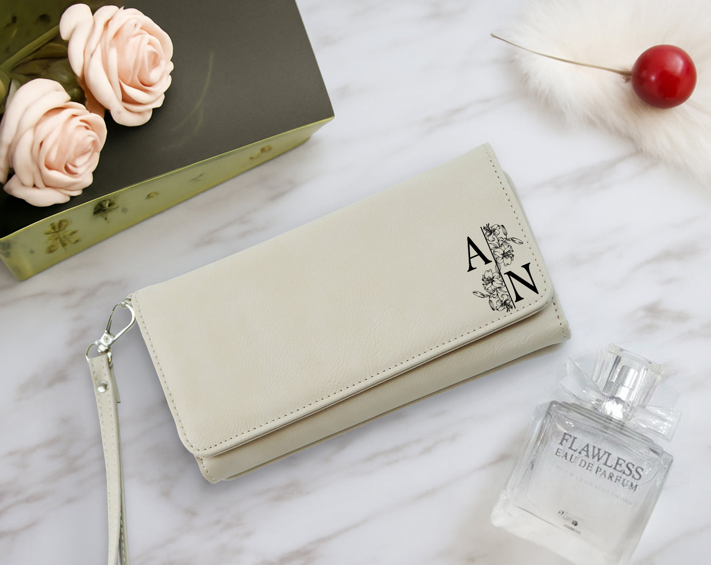 Engraved Vegan Leather Wallet, Personalized Clutch Purse for Women, Bridesmaid Gift