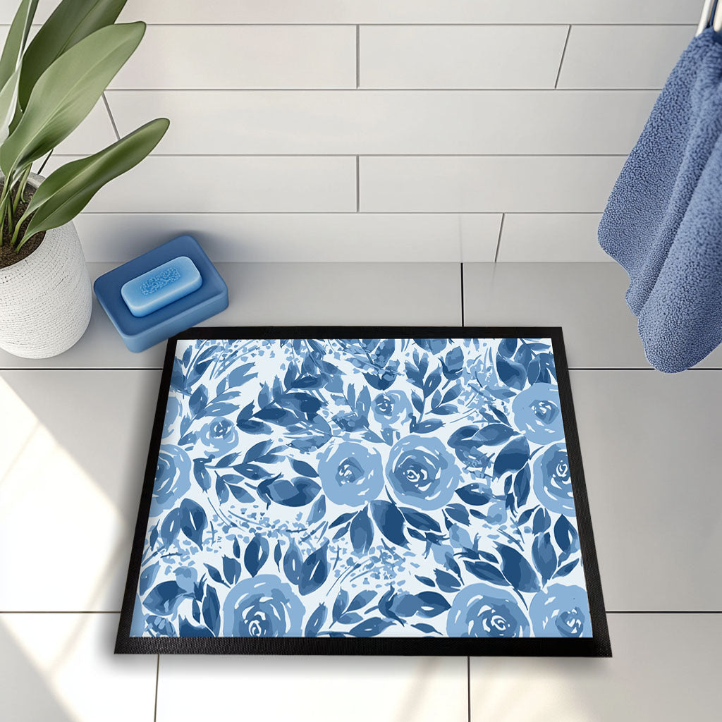Watercolor Blue Rose Doormat, Floral Welcome Mat for Spring Bloom