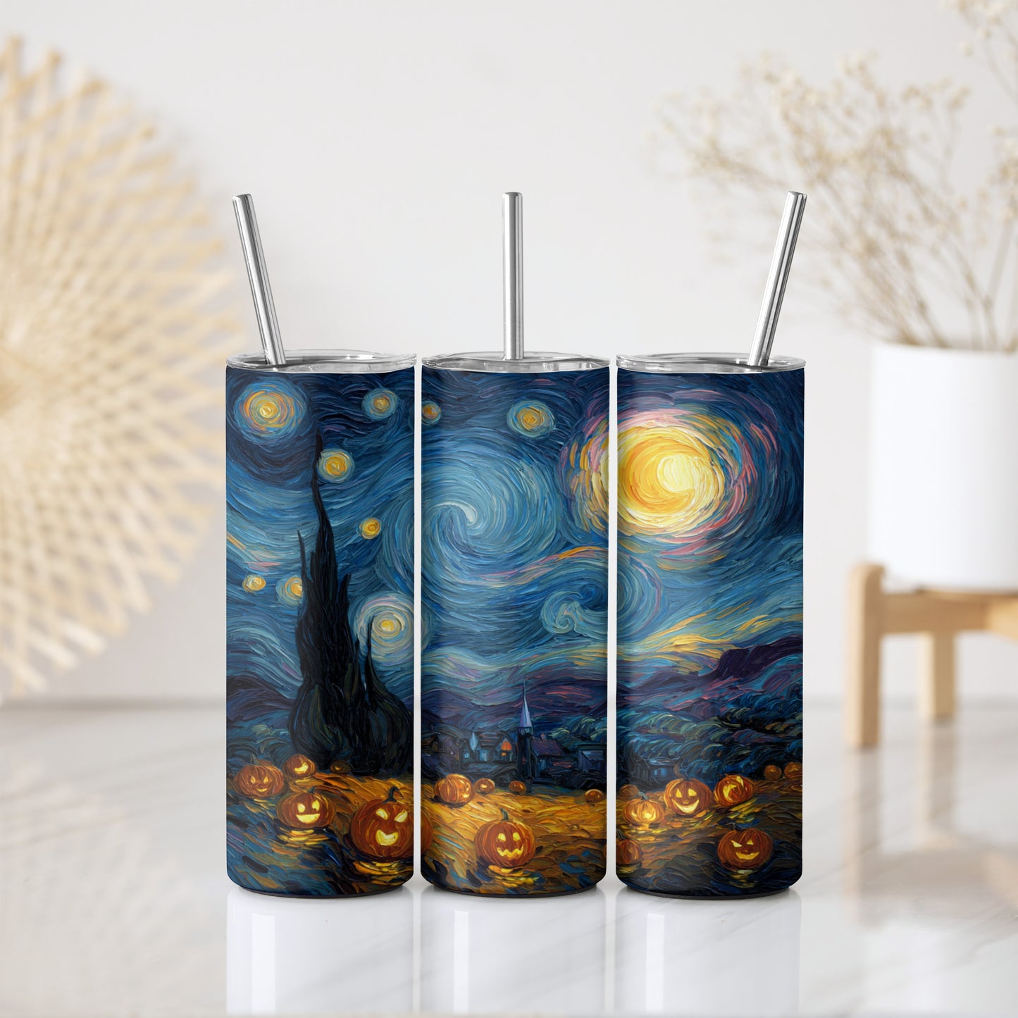 Starry Night Halloween Tumbler, Spooky Pumpkin Field Water Bottle