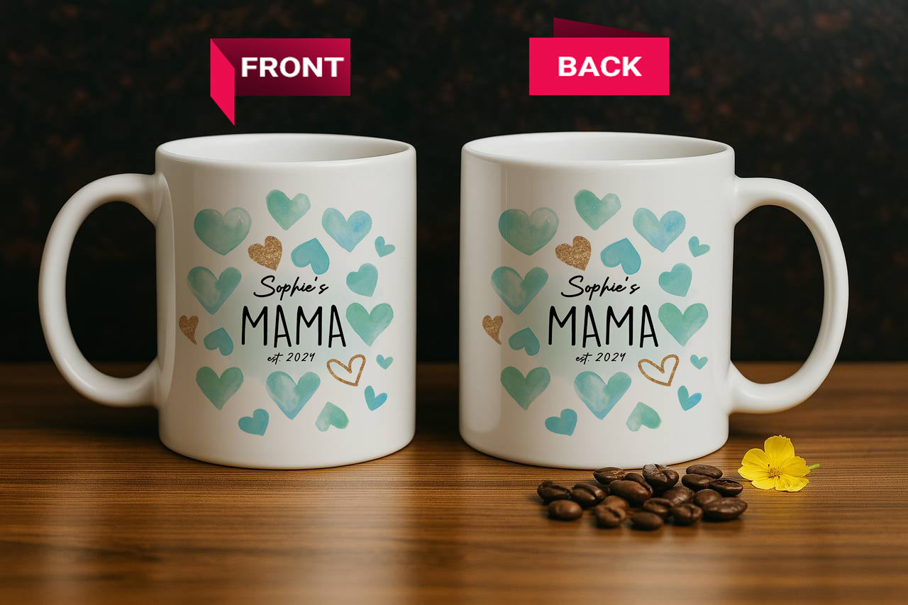 Watercolor Hearts Personalized Mama Est Ceramic Cup, Cute Mother's Day Gift