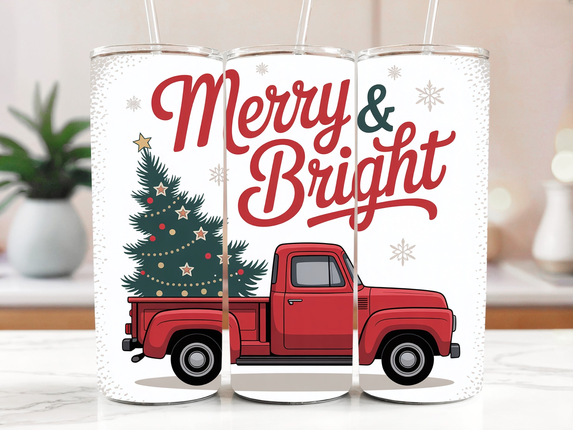 Red Car Towing Christmas Tree, Merry And Bright Xmas Tumbler