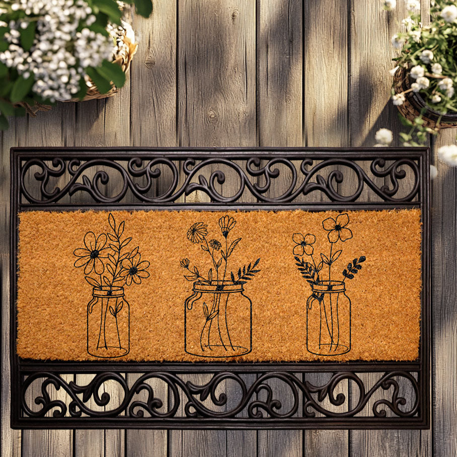 Rustic Farmhouse Floral Jar Coir Doormat, Flower Bouquets Entry Mat