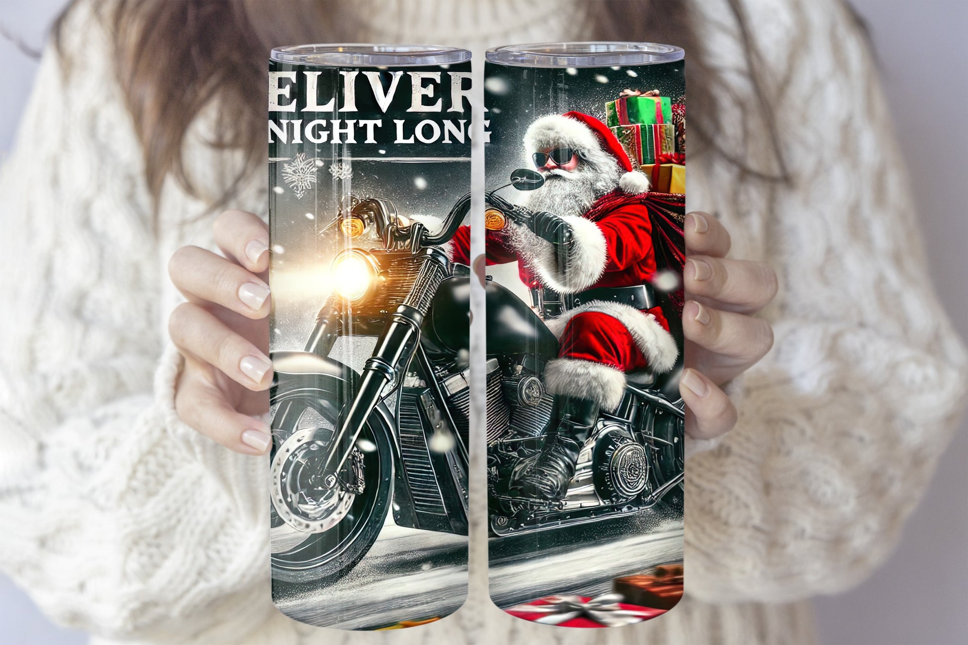 Santa Riding Motorcycle Tumbler, Unique Merry Christmas Gift With Straw