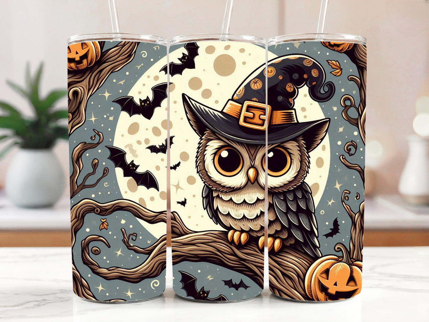 Whimsical Owl Theme Steel Tumbler, Perfect for Fall and Halloween