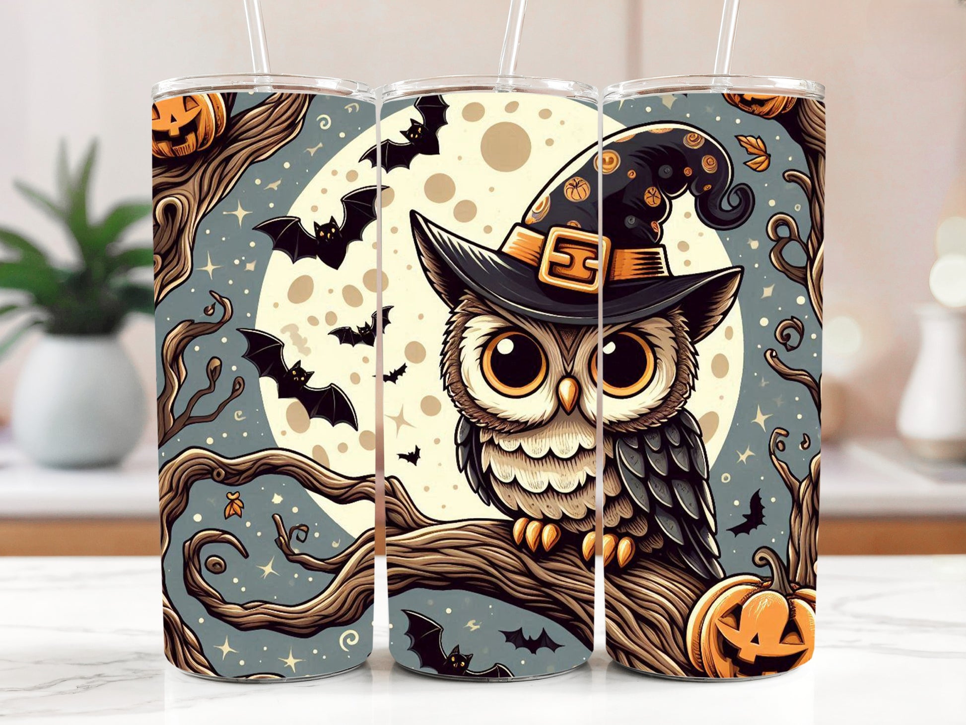 Whimsical Owl Theme Steel Tumbler, Perfect for Fall and Halloween