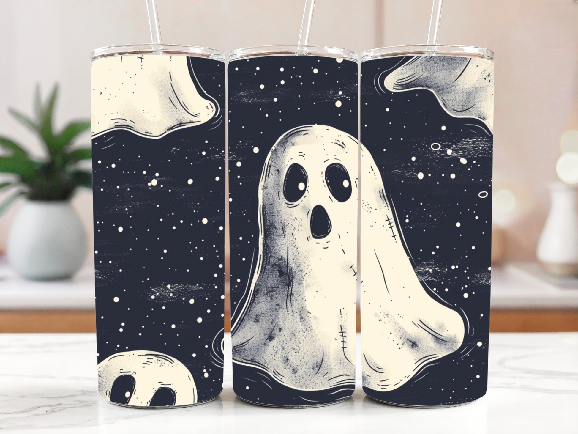 Spooky Ghost Insulated Tumbler, Stars Night Sky Design, Fall Aesthetic Gift