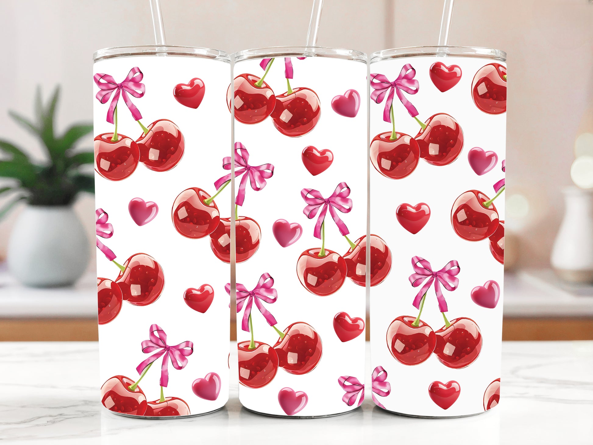 Kawaii Cherry Hearts Travel Mug, Sweet Cherry Tumbler, Pink Bows