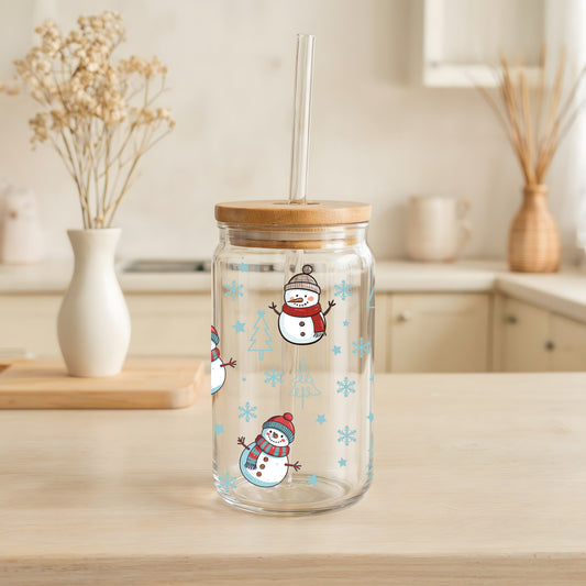 Cute Snowmen Pattern Can Glass Tumbler, Aesthetic Christmas Holiday Cup