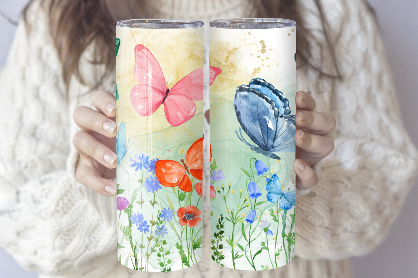 Nature-inspired Steel Tumbler: Butterfly & Wildflower Aesthetics, Stainless Gift