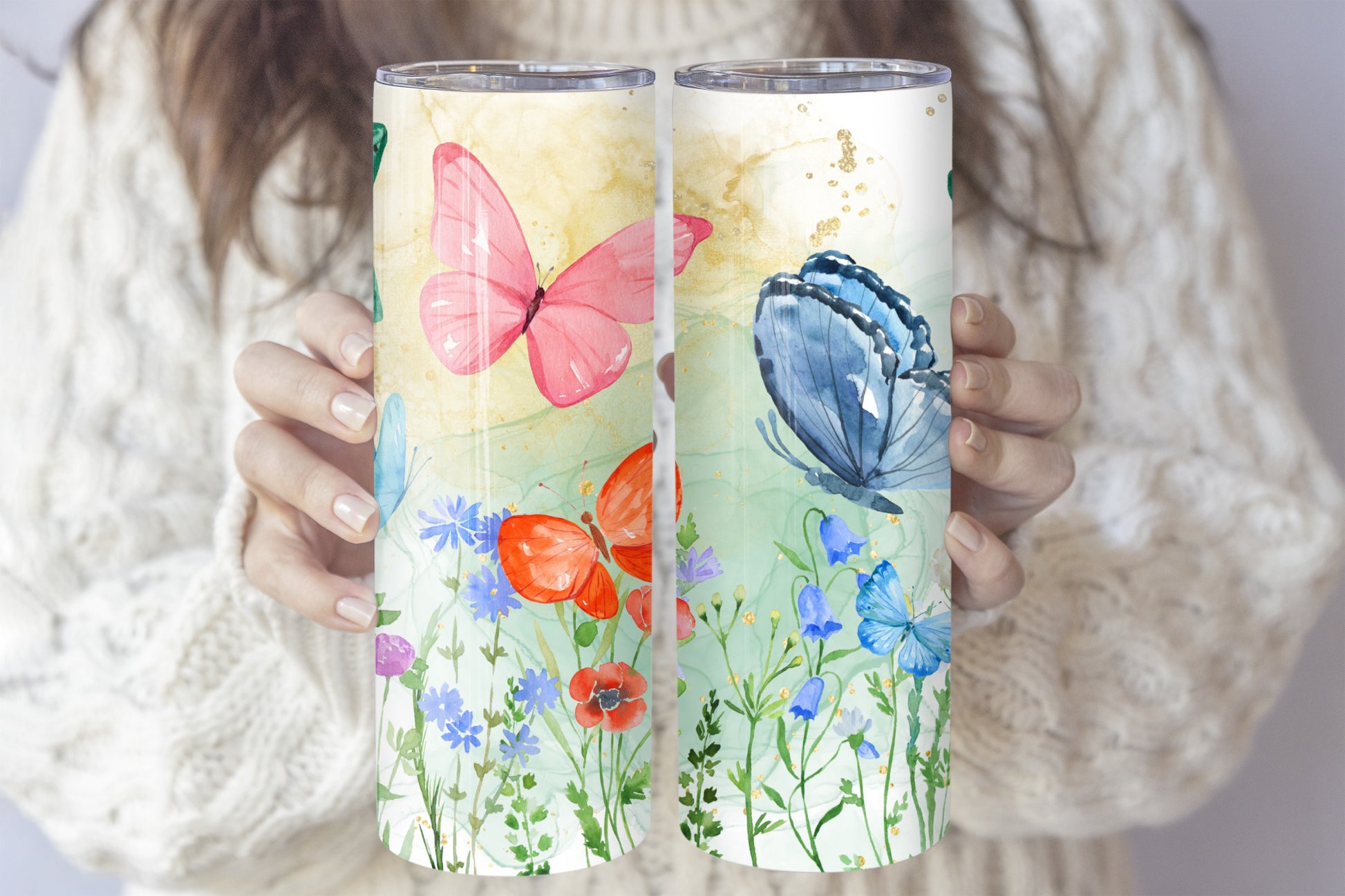 Nature-inspired Steel Tumbler: Butterfly & Wildflower Aesthetics, Stainless Gift