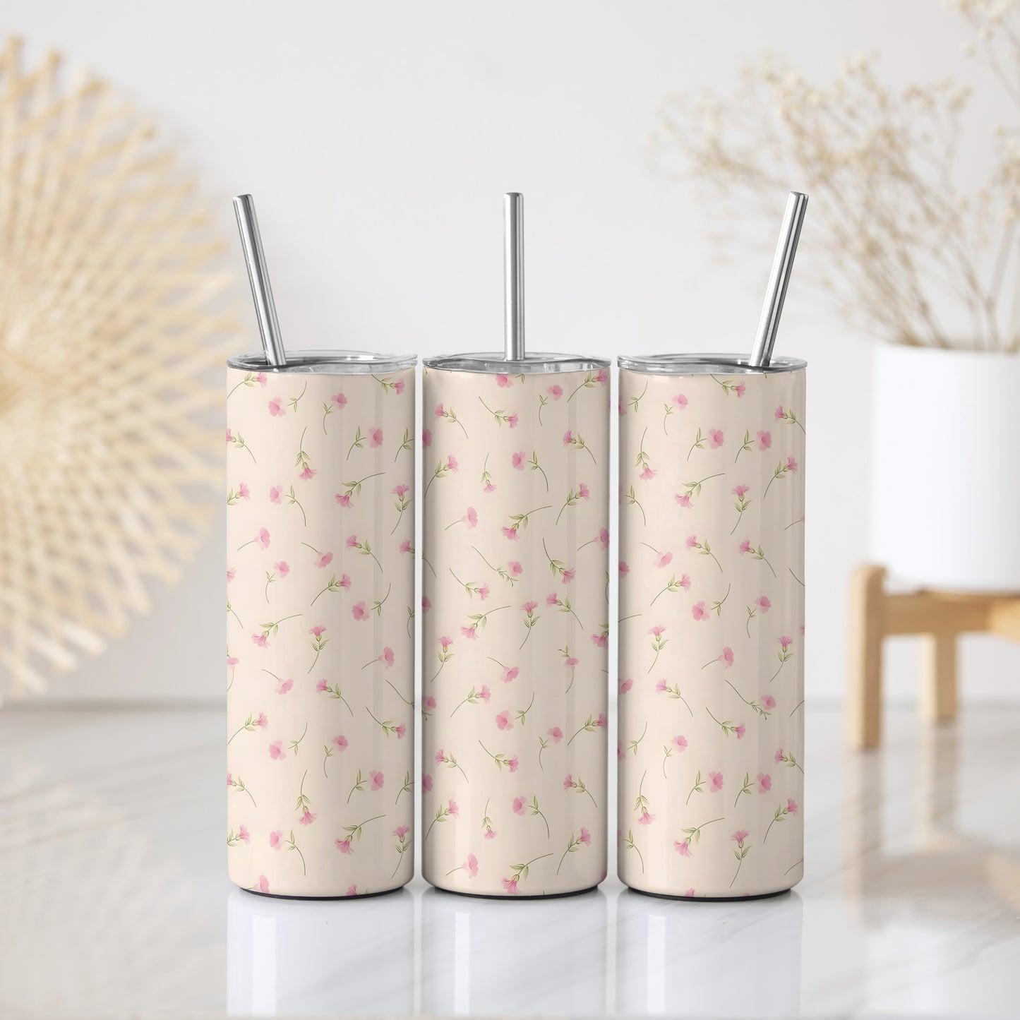 Chic Pink Floral Tumbler, Minimalist Aesthetic Stainless Steel Mug